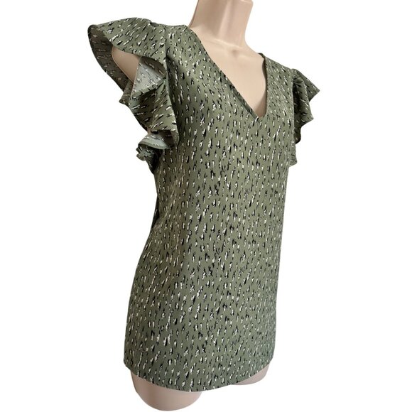 Adrianna Papell Size Medium Flutter Sleeve V Neck Olive Black NWT Polyester - Picture 2 of 8